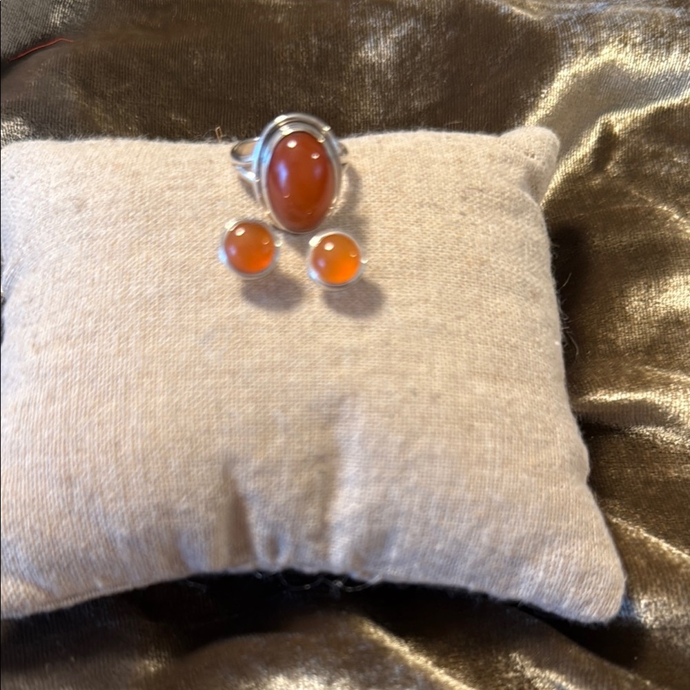 Elegant Carnelian and Sterling Silver Ring and Earring Set
